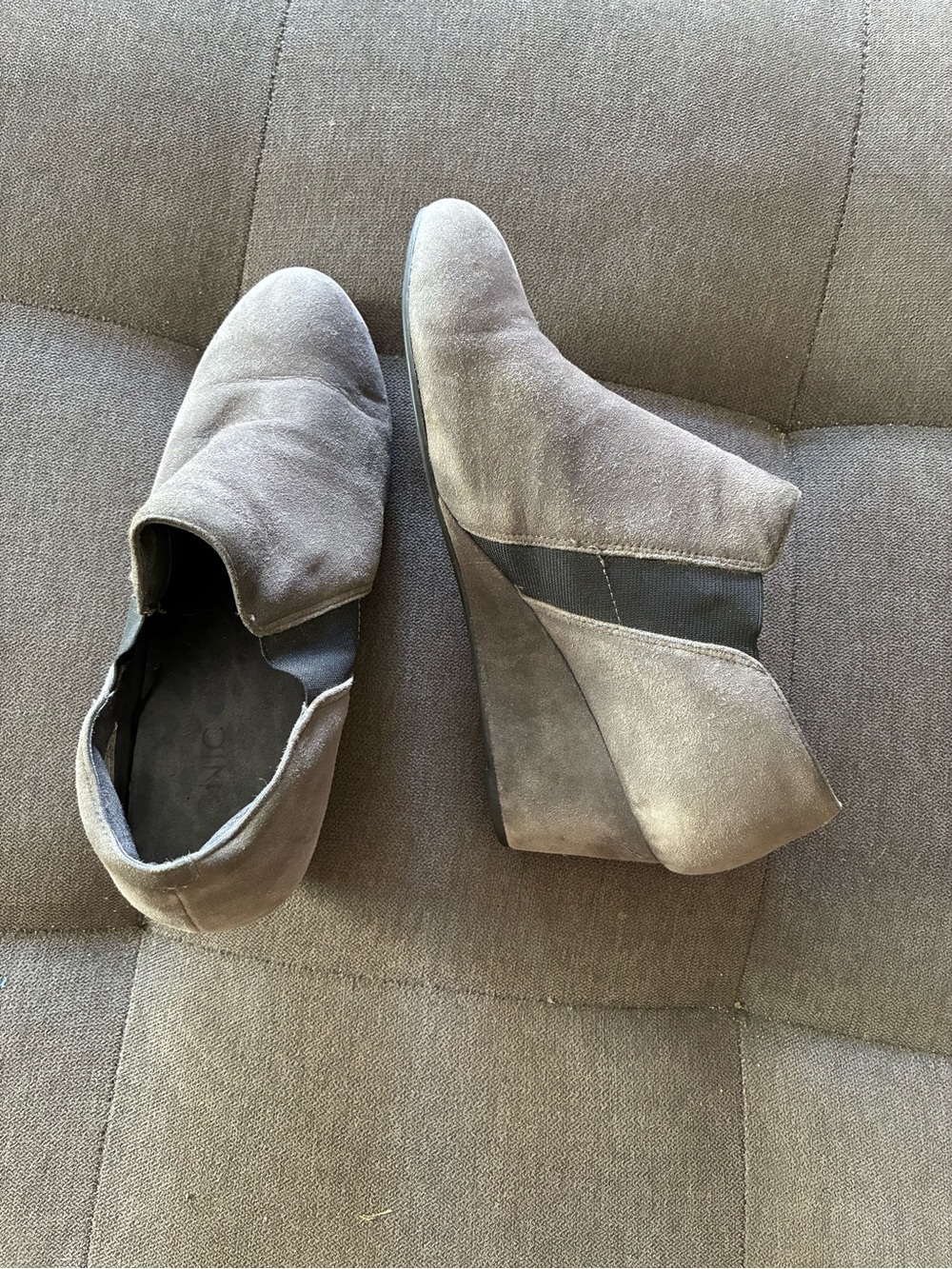 Vionic Taupe Suede Wedge Booties with Elastic Side Panels